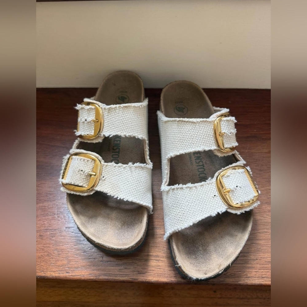 Birkenstock Arizona Big Buckle Vegan Eggshell Cream Slide Sandal Size 38 Or 7 - Picture 5 of 6
